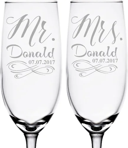 Vista 5 de Infinity Mr Mrs - Juego de 2 copas de boda de champán grabadas personalizadas para parejas, regalo de despedida de soltera para novias