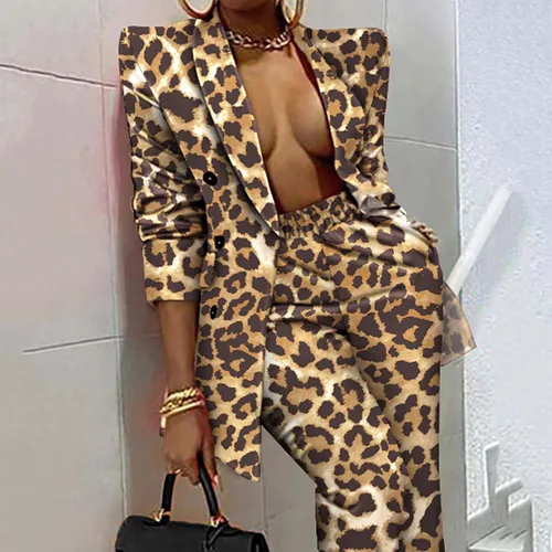Vista 4 de Trajes de pantalón para mujer, conjunto de dos piezas con estampado de leopardo, con solapa, doble botonadura, pantalones de cintura alta