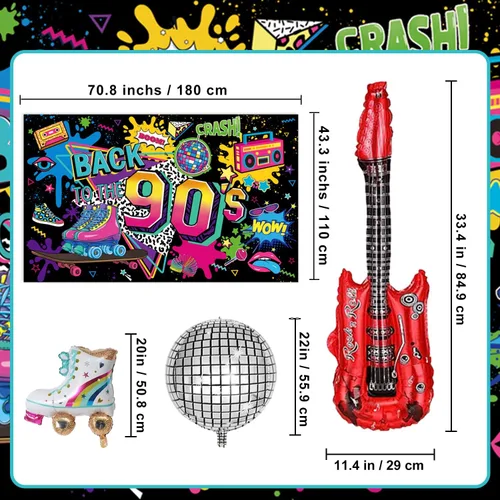 Vista 3 de Las decoraciones para fiestas de cumpleaños de los años 90 incluyen telón de fondo, centros de mesa de panal, pancarta, espirales colgantes, globos