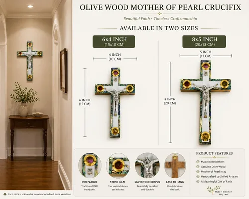 Vista 4 de Crucifijo de pared de cruz de madera de olivo cubierto con nácar con 4 reliquias sagradas, cruz de perla, crucifijo colgante de pared hecho