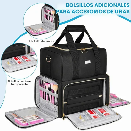 Vista 5 de Organizador de esmalte de uñas con capacidad para 80 botellas y una lámpara de uñas, estuche de transporte de esmalte de uñas con 2 bolsas Negro