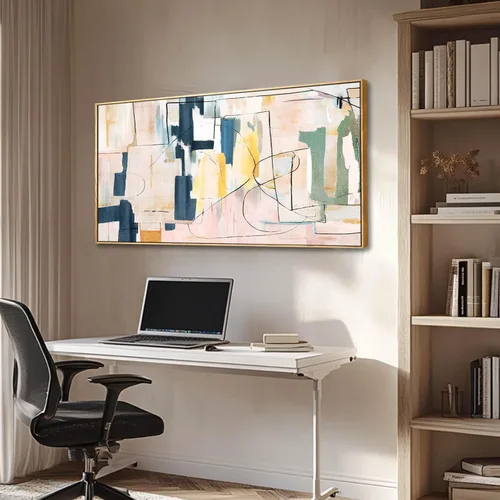 Vista 4 de Artexist Arte de Pared de Lienzo Abstracto Grande Pintura Rosa Decoración de Dormitorio Amarillo Arte Azul Marino Impresiones de Arte Fotográficas