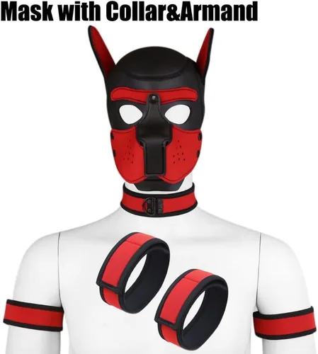 Vista 5 de Máscara de neopreno de cara completa para cachorro, capucha extraíble, máscara de Halloween (rojo, máscara)