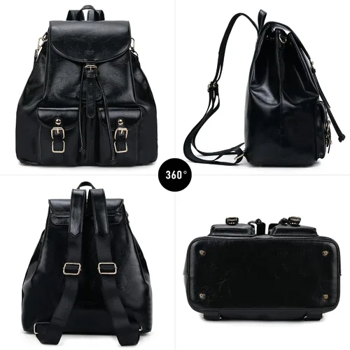 Vista 6 de Chillo - Mochila grande de cuero vegano para mujer, diseño multiusos, con cordón, Negro -, Mochilas de mochila