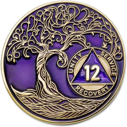 Vista 276 de 1 año Sobriety Mint Twisted Tree of Life Medallón de recuperación AA chapado en oro, chip/ficha - negro
