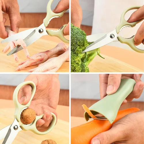 Vista 5 de Tijeras de cocina multifuncionales 2 en 1 con pelador desmontable, tijeras de alimentos de acero inoxidable resistentes, mango ergonómico