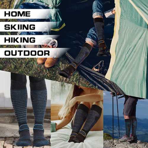 Vista 3 de Calcetines de esquí de lana merino para hombre y mujer, 2 pares para esquí, snowboard, térmicos hasta la rodilla, calcetines de rendimiento