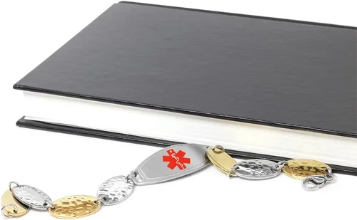 Vista 5 de Womens Medical ID Bracelet with Custom Engraving - 1.5cm Gold Tone Steel Petals