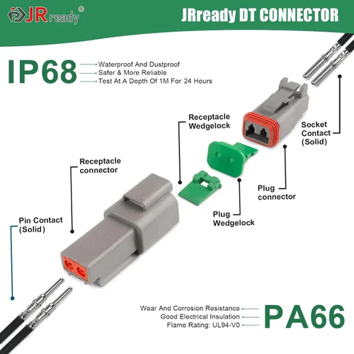 Vista 3 de Kit de conectores Deutsch JRready IP68 impermeable - 1 juego de conectores DT de 2, 3, 4, 6, 8 y 12 pines con contactos sólidos de tamaño 16
