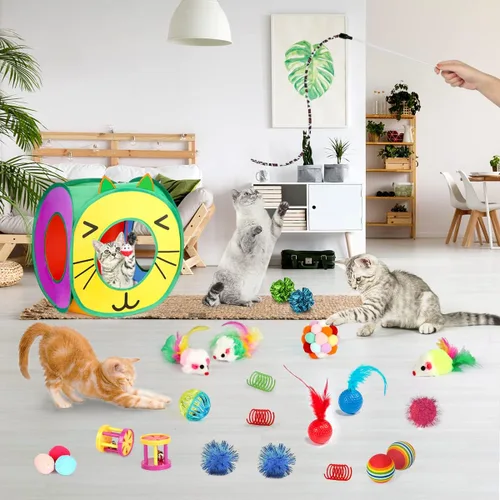 Vista 4 de 37 piezas de juguetes interactivos para gatitos de interior – Conjunto variado con túnel plegable tipo carpa, varita con plumas, cascabel, pelota