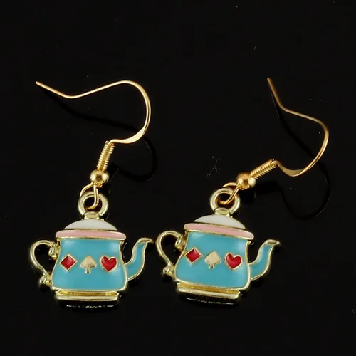 Vista 2 de Regalos temáticos de tetera para mujer, aretes de Wonder Land, mini tetera ornamental, tetera de burbujas, aretes de tetera verde, Acero inoxidable