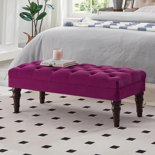Vista 15 de 24KF Banco de entrada tapizado con botones capitoné de terciopelo con pata de madera maciza, banco de cama otomano con asiento acolchado, 5061N-Negro