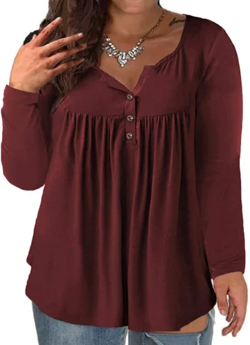 Vista 6 de VISLILY - Camisas tipo túnica de mujer, de manga larga, estilo Henley, talla plus, blusas con botones y plisadas 01_ negro