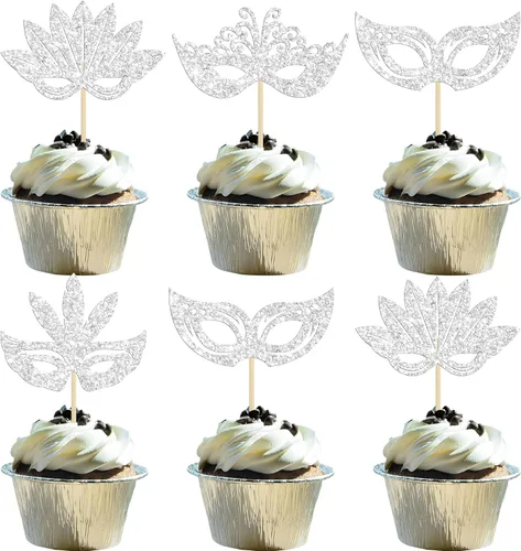 Vista 13 de 24 máscaras de mascarada, adornos para cupcakes, color negro y dorado con purpurina para despedida de soltera, para fiestas de cumpleaños, fiestas