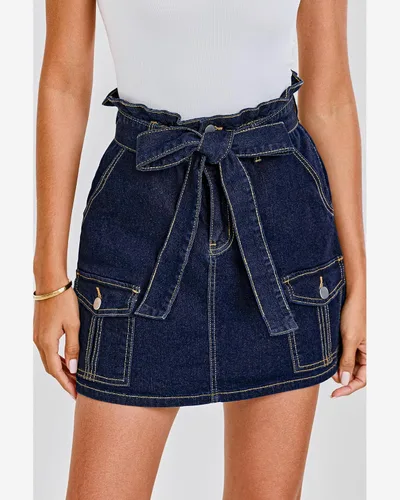Vista 4 de luvamia Faldas de mezclilla para mujer, pantalones cortos de mezclilla de cintura alta con bolsillos, casual, lindo, cinturón de verano, falda