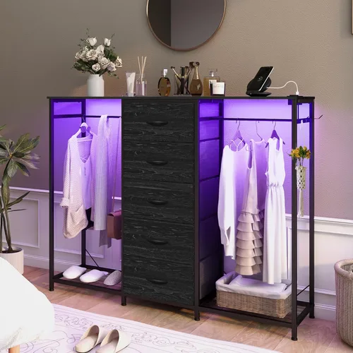 Vista 5 de Espelism Cómoda para dormitorio con perchero, cómoda de 5 cajones con estación de carga, luces LED, cómoda blanca, estante flexible y espacio