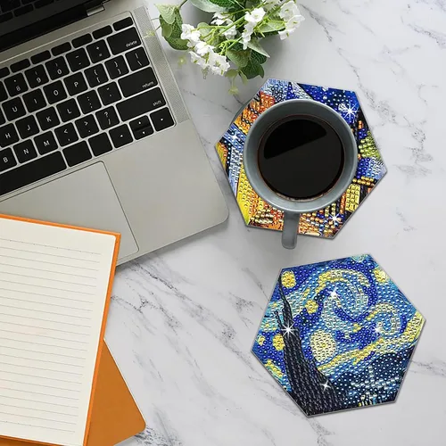 Vista 2 de NUFTVI Van Gogh - Juego de posavasos de pintura de diamantes con soporte, kit de posavasos de arte de diamante de cristal completo 5D para adultos.
