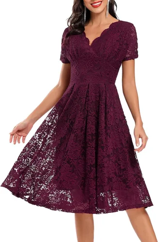 Vista 4 de SEBOWEL Women Floral Lace V Neck Short Sleeve Formal Dress Swing A-Line Wedding Bridesmaid Cocktail Party Midi Dresses