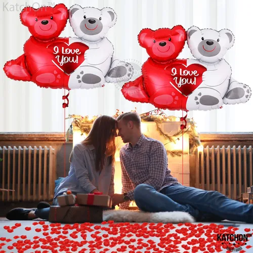 Vista 8 de KatchOn, Globos dorados grandes con texto en inglés "I Love You", paquete de 2005, juego de globos de oso de peluche, decoraciones con texto "I Love