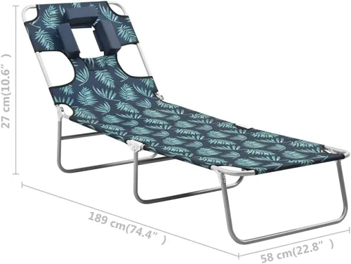 Vista 2 de Sun Lounger Leaf Print Sturdy Steel Frame Adjustable Backrest Foldable Design for Outdoor Relaxation Patio Balcony Beach Picnic Durable Fabric Green