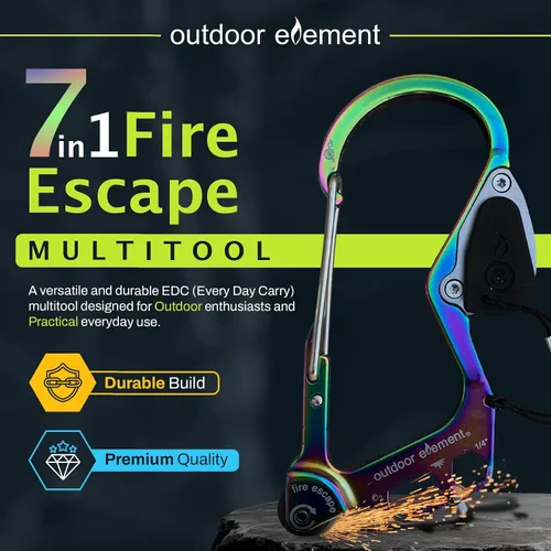 Vista 2 de OUTDOOR ELEMENT Herramienta de escape de emergencia, cortador de cinturón de seguridad, rompecristales, herramienta multiusos, encendedor, mosquetón