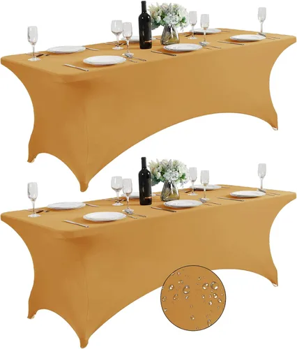 Vista 26 de SuperO - Paquete de 2 manteles de elastano impermeables para mesas de 6 pies, mantel elástico universal ajustable para fiestas, banquetes, bodas
