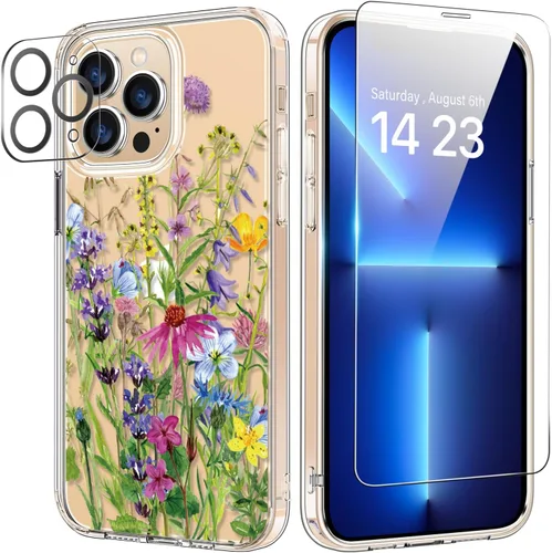 Vista 50 de bicol Funda para iPhone 14 Plus con Protector de Pantalla y Lente de Cámara - Diseños Florales de Moda para Mujeres y Niñas - Funda Transparente