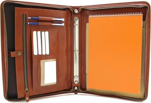 Vista 8 de Noda Carpeta organizadora profesional de negocios con asas, bloc de notas y carpeta de 3 anillas, cuero genuino italiano (marrón)