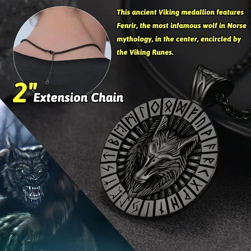 Vista 3 de FaithHeart Collar con colgante de lobo vikingo nórdico para hombres y mujeres, acero inoxidable, chapado en oro de 18 quilates, joyería con embalaje