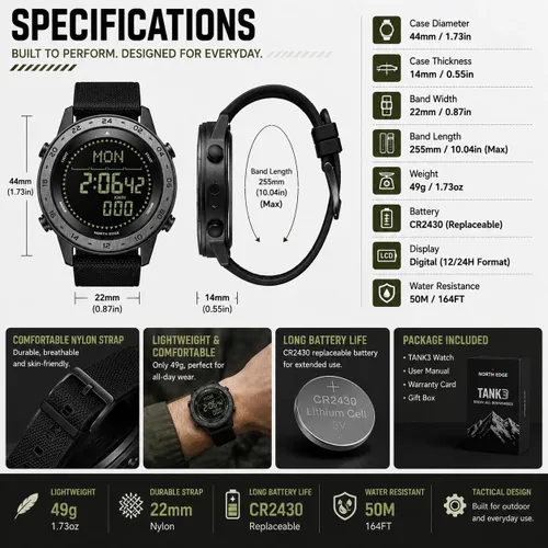 Vista 7 de NORTH EDGE Men's Watches Military Watches for Men Carbon Fiber Waterproof for Men Date Display Nylon Army Tactical Sports Minimalist Negro