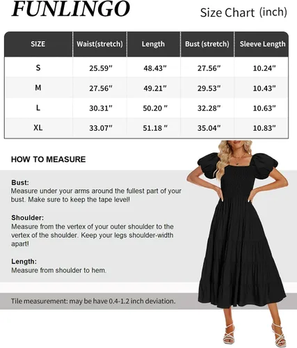 Vista 6 de Funlingo Vestido midi de manga corta abombada para mujer, estilo casual, cuello cuadrado, fruncido, acampanado, escalonado, para verano 2023
