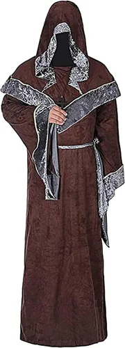 Vista 2 de Disfraz de bruja para hombre bata de brujo estilo medieval vintage renacentista con capucha capa