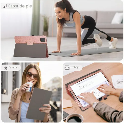 Vista 2 de Funda para tablet T-Mobile Revvl Tab 5G - Funda de piel sintética con soporte para lápices, purpurina oro rosa