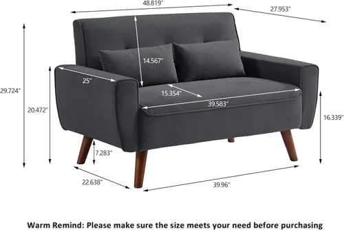 Vista 2 de Sofá Loveseat de 48", Sofá de Amor de 2 Plazas Moderno de Mediados de Siglo, Sofás Pequeños para Sala de Estar, Dormitorio, Apartamento, 2 Almohadas
