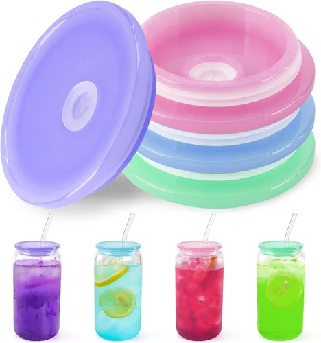 Vista 13 de Joyclub Paquete de 4 tapas acrílicas para vasos de vidrio de 16 onzas con tapas de bambú y pajitas, vasos reutilizables para café helado, vasos