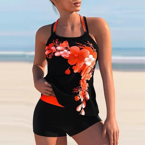 Vista 4 de Traje de baño tankini con estampado de lunares para mujer, traje de baño de dos piezas, ajuste holgado, traje de baño atlético sin espalda
