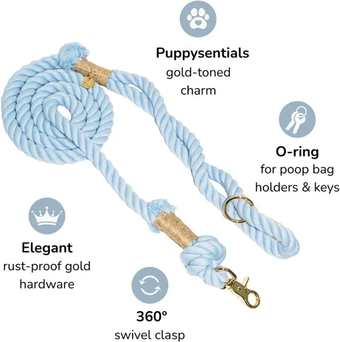 Vista 8 de Puppysentials - Correa de perro de cuerda de algodón trenzada de 5 pies para perros medianos y grandes Agarre suave y cómodo con un cierre Azul