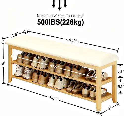 Vista 10 de Banco de almacenamiento de zapatos de madera con cojín de cuero