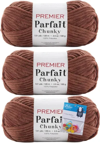 Vista 15 de Premier Yarns Parfait - Paquete de 3 unidades de felpilla gruesa de 3.5 onzas, peso supervoluminoso, paquete de 3 unidades con soportes para punto