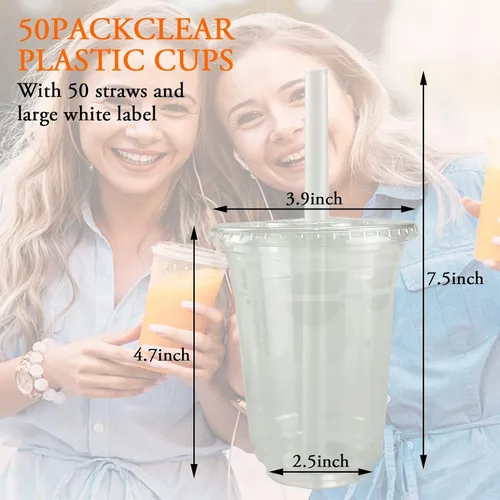 Vista 2 de Juego de 50 vasos de plástico transparente con tapas planas, vasos desechables de café helado de 16 onzas con pajitas y calcomanías, vasos