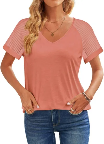 Vista 2 de WEESO - Camisetas informales con cuello en V para mujer, diseño elegante de manga corta con malla
