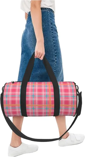 Vista 5 de Large Duffle Bag for Travel - Retro Pink Plaid Print (a) Gym Bag for Women Men, Travel Foldable Bags for Women Men with Zippered Multiple Pockets