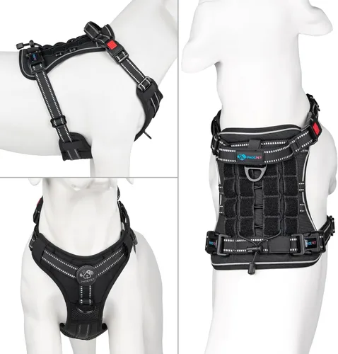 Vista 2 de PHOEPET Arnés táctico sin tirones para perro, chaleco de servicio con paneles Molle y bucle, fácil control con asa para perros pequeños (negro, S)
