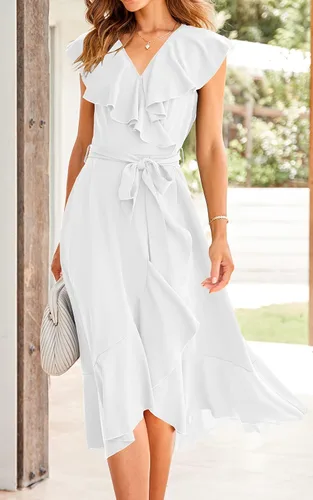 Vista 4 de PRETTYGARDEN - Verano 2024, vestido cruzado por debajo de la rodilla para mujer, con cuello en V profundo, estilo bohemio, floral, manga corta