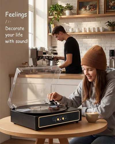 Vista 11 de Tocadiscos retro Bluetooth con altavoces integrados, tocadiscos de 3 velocidades por correa, control de graves y agudos, reproductor de vinilo Negro