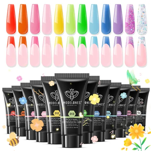 Vista 15 de Modelones - Juego de gel de extensión de uñas de polietileno, kit de gel de 12 colores con tonos rosa brillante y desnudo, para manicura francesa