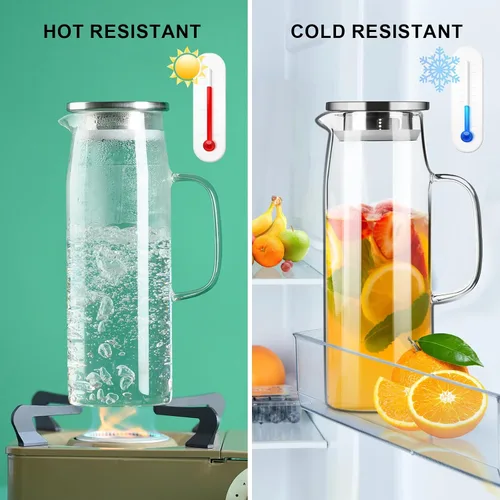 Vista 5 de PARACITY Jarra de vidrio con tapa y boquilla de 50 onzas/1.5 L, jarra de agua caliente/fría, jarra de té helado para el estante del refrigerador