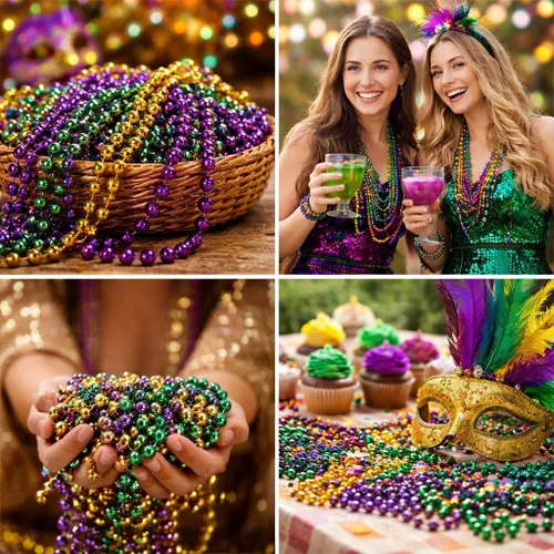 Vista 6 de Oojami 144 cuentas de Mardi Gras a granel, collares metálicos redondos de 33 pulgadas de 0.276 in, regalos de fiesta dorados, verdes y morados