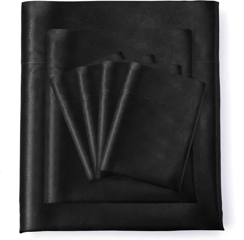 Vista 6 de Manyshofu Juego de sábanas de satén negro de 7 piezas, ropa de cama lujosa y suave de satén, 1 sábana bajera, 1 sábana encimera, 4 fundas