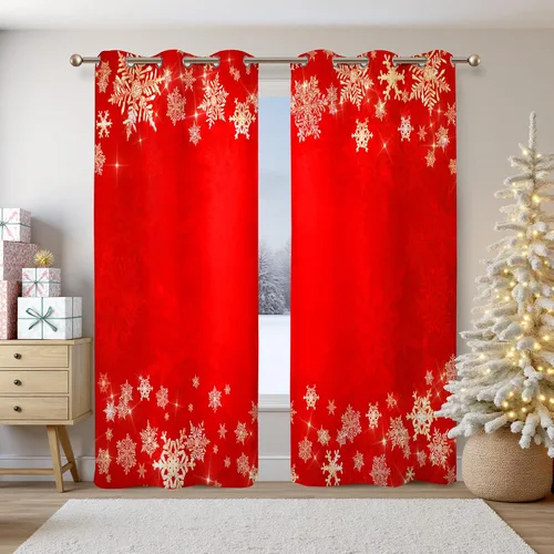 Vista 12 de Renaiss Cortinas opacas de Navidad con tablones de madera rústica para dormitorio, con ojales, estampado de copos de nieve navideños, cortinas
